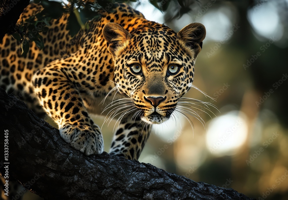Fototapeta premium Intricate Close-Up of a Graceful Leopard Revealing Its Distinctive Spots While Perched on a Tree Branch in Natural Habitat During Golden Hour Light