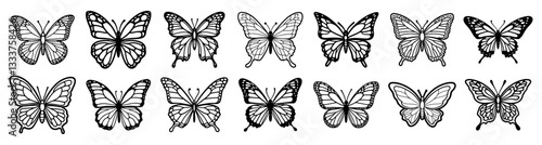 Detailed black and white butterfly silhouette collection featuring various wing patterns for design, tattoo art, and decorative illustration
