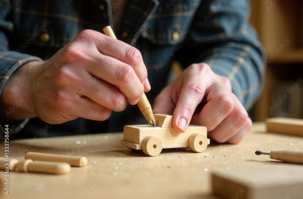 Artisanal woodworker crafting wooden toy car in workshop for personalized gift design Artisanal woodworker crafting wooden toy car in workshop for personalized gift design