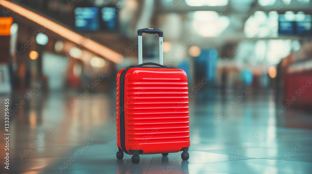 Bright red suitcase stands alone in a modern airport terminal during the travel rush Bright red suitcase stands alone in a modern airport terminal during the travel rush