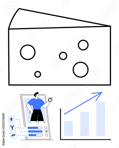 Cheese slice graphic, fitness app user holding stopwatch with activity stats, and upward trend chart emphasize health, progress, goal tracking, productivity, nutrition, analytics, flat simple