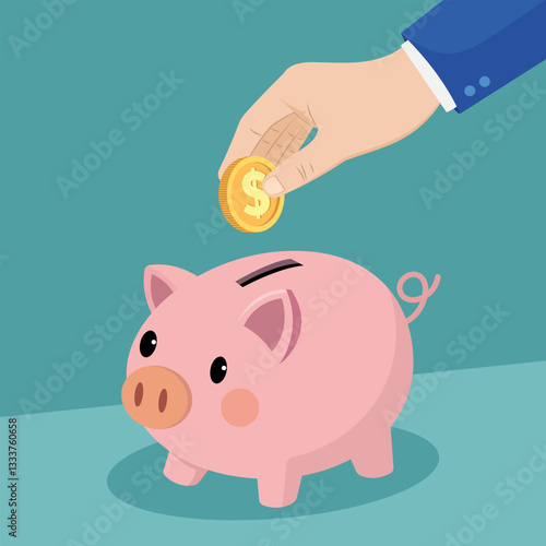 Illustration of a hand putting a gold coin with a dollar symbol into a piggy bank, conveying the concept of saving money.
