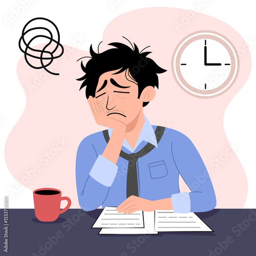 Illustration of a stressed and anxious man sitting at a desk and a spiral symbol above his head representing stress.