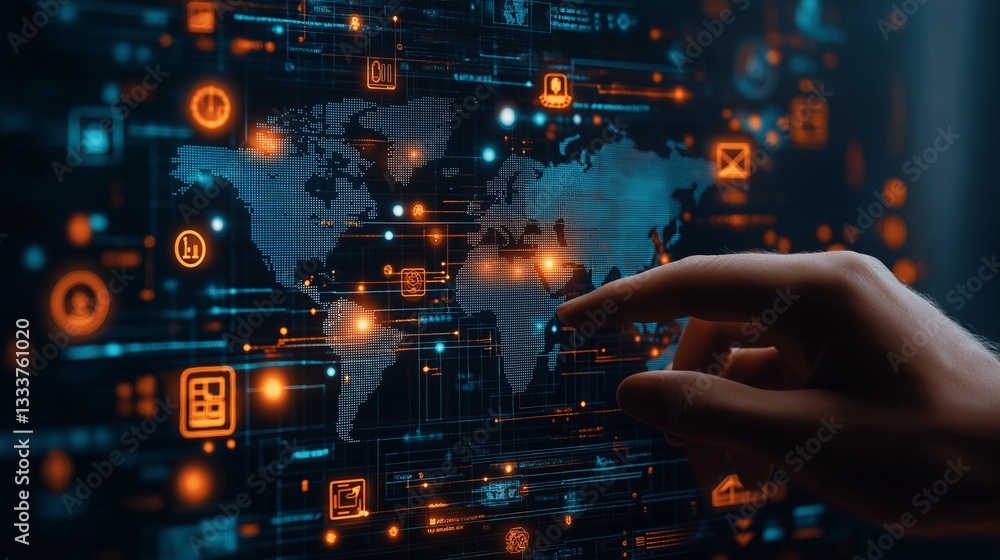 a hand points to a digital world map . Holographic screens show graphs, emphasizing advanced tech in global trade and interconnected business environments. a hand points to a digital world map . Holographic screens show graphs, emphasizing advanced tech in global trade and interconnected business environments.