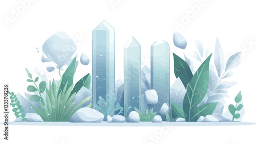 Digital illustration depicting stylized crystalline structures resembling quartz or gemstones of varying heights, surrounded by stylized green plants and white, rounded elements suggestive of