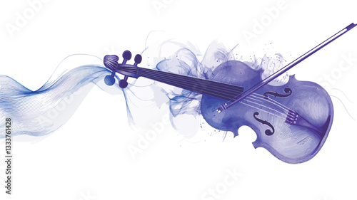 The image features a stylized, translucent purple violin depicted against a white background.  The violin appears slightly blurred or semi-transparent.  Abstract blue and purple smoke-like trails