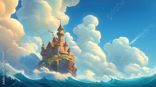 Fantasy Castle on a Cliffside Island Surrounded by Sea and Dramatic Clouds - Digital Art