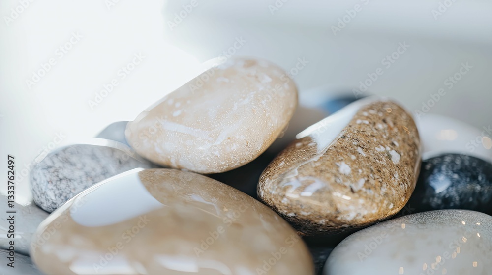 Smooth river stones arranged in a balanced design, showcasing their gleaming surfaces and natural hues beneath soft sunlight. Smooth river stones arranged in a balanced design, showcasing their gleaming surfaces and natural hues beneath soft sunlight.
