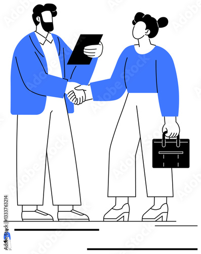 Two professionals shake hands while reviewing a document. Woman carries a briefcase. Ideal for business collaboration, partnership, contract signing, teamwork, negotiation, professionalism, flat