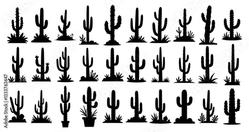 Desert cactus silhouette collection featuring saguaro and succulent varieties with different shapes and sizes for southwestern design and decoration