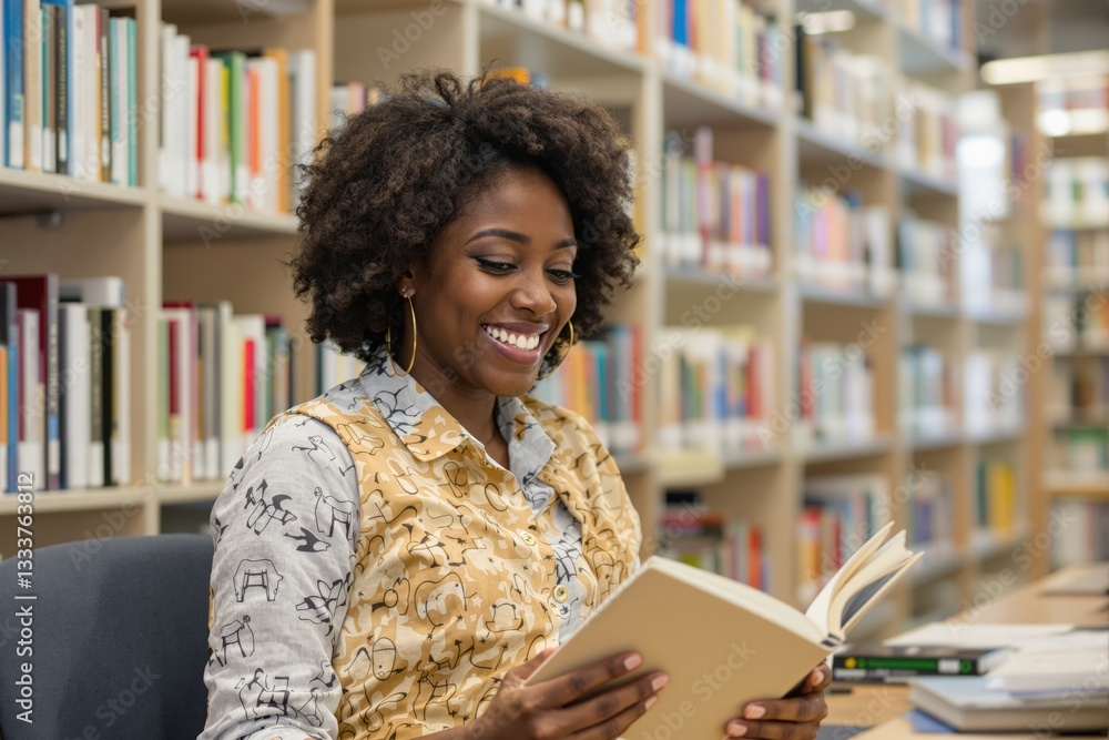 Student, university and portrait of black woman in library for learning, education and reading books. Academy, college and face of happy African person for research, school project and studying
