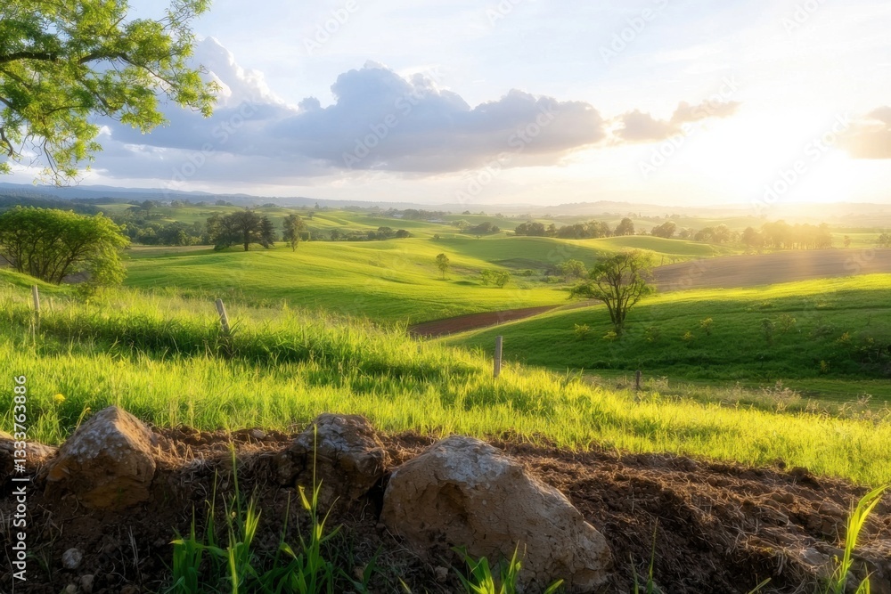 Obraz premium A Scenic View Of A Countryside Farm At Sunset, With Golden Fields Stretching Towards The Horizon