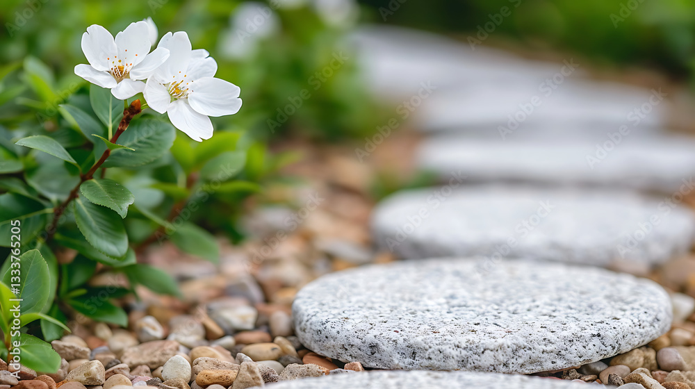 Fototapeta premium Serene Garden Path with White Blossoms