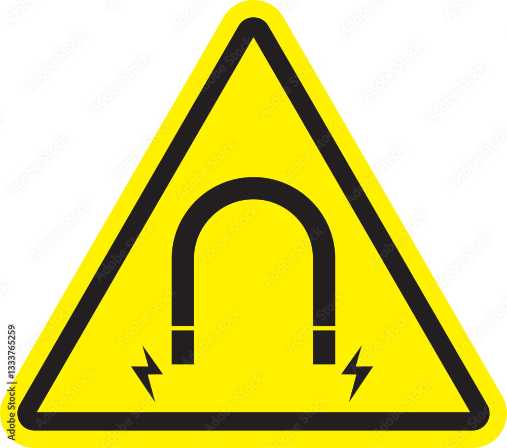 An illustration of a yellow triangle with a black border and a U-shaped magnet, warning of strong magnetic danger An illustration of a yellow triangle with a black border and a U-shaped magnet, warning of strong magnetic danger