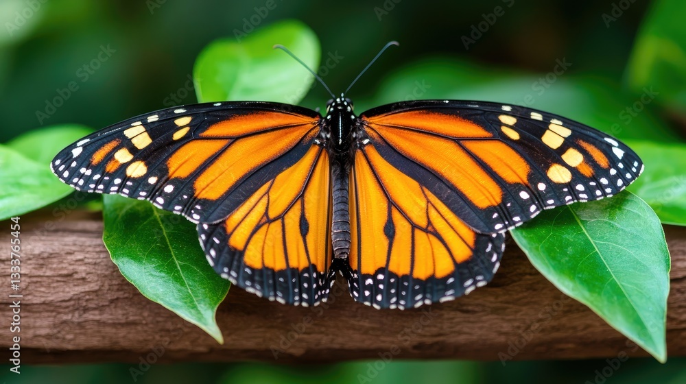Fototapeta premium Beautiful Monarch Butterfly Resting on Green Leaf in Nature
