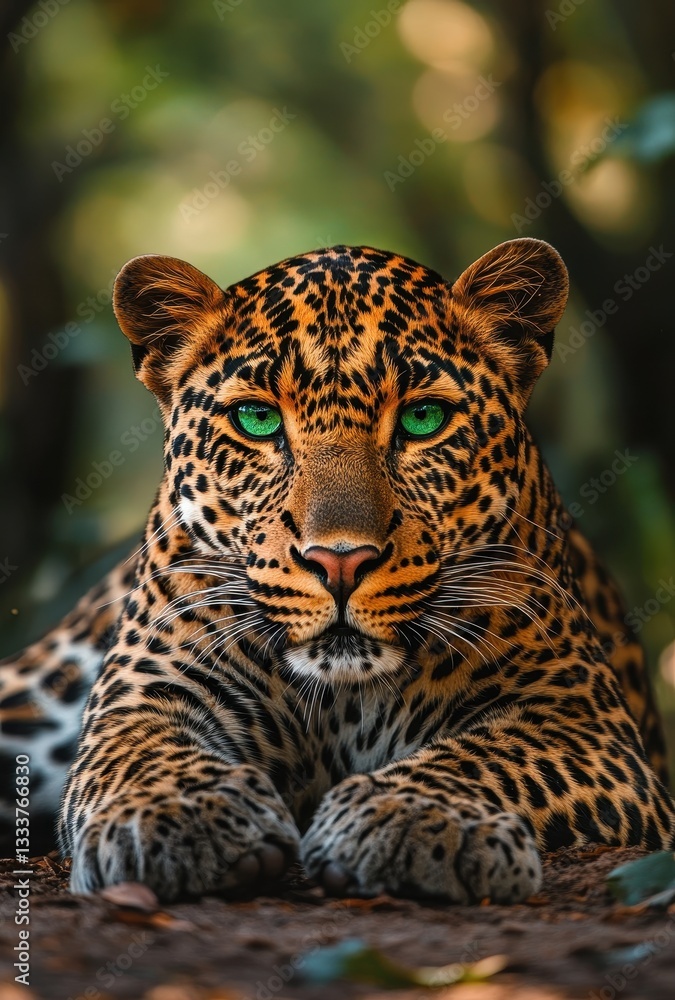 Majestic and Powerful Close-Up of a Leopard with Vivid Green Eyes in Natural Habitat Surrounded by Lush Greenery and Warm Sunlight Majestic and Powerful Close-Up of a Leopard with Vivid Green Eyes in Natural Habitat Surrounded by Lush Greenery and Warm Sunlight