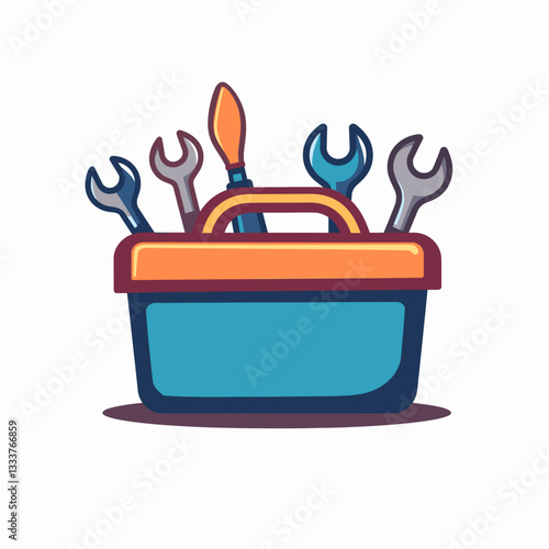 Colorful toolbox filled with tools on white background, diy concept