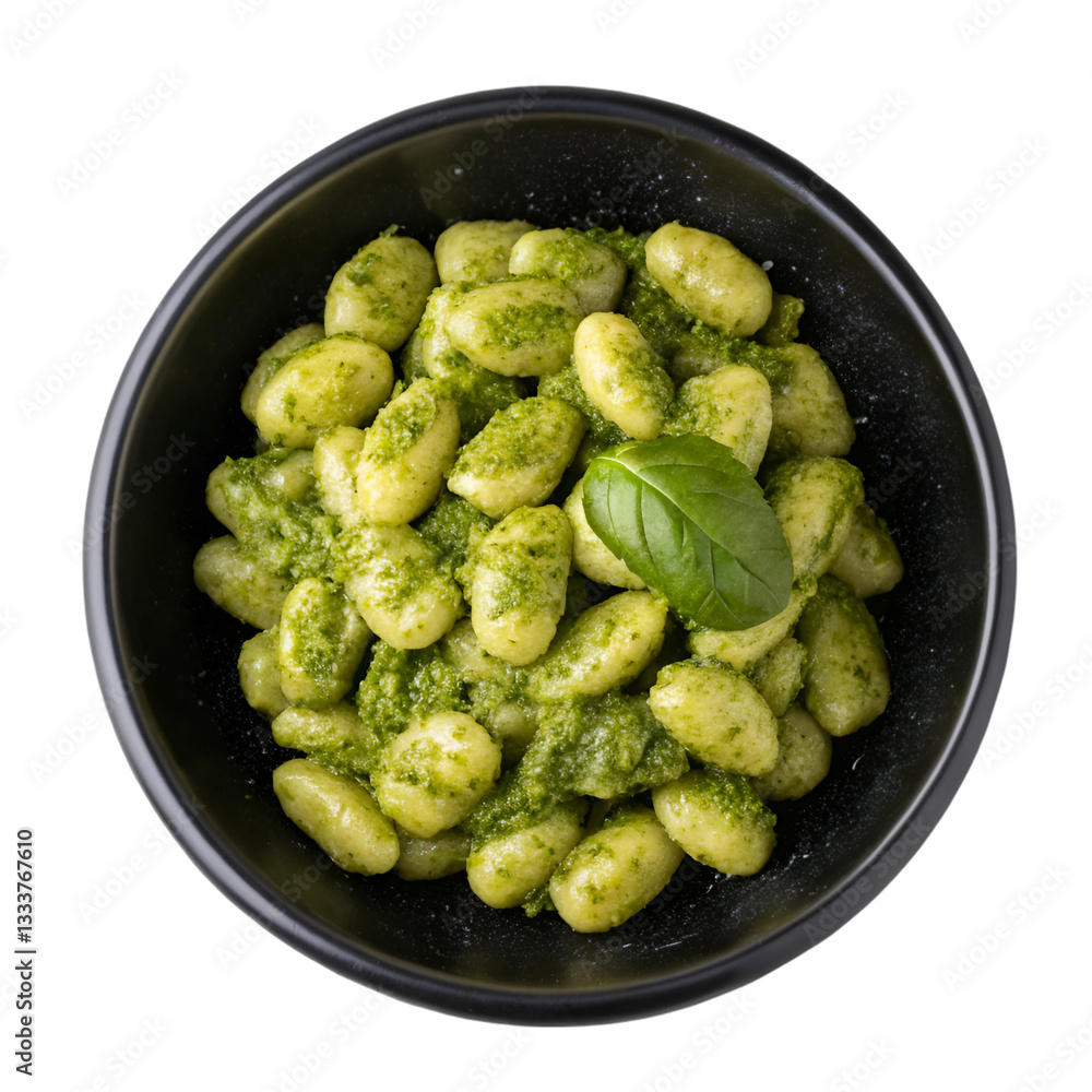 Pesto gnocchi pasta in bowl isolated on transparent background Pesto gnocchi pasta in bowl isolated on transparent background