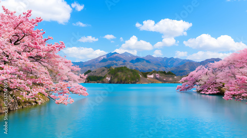 Serene Lake Blooms with Mountain View