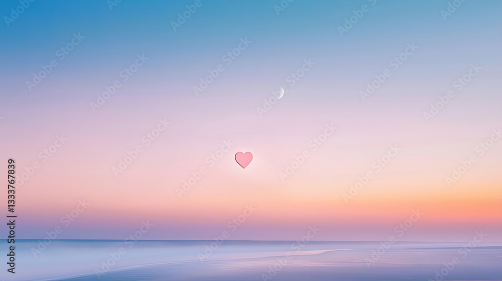 Pink Heart Shaped Balloon at Sunset Over Calm Ocean Pink Heart Shaped Balloon at Sunset Over Calm Ocean