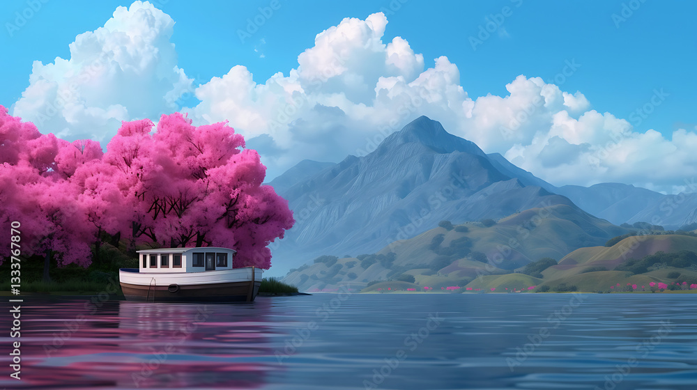 Serene Lake House with Pink Blossoms and Mountains