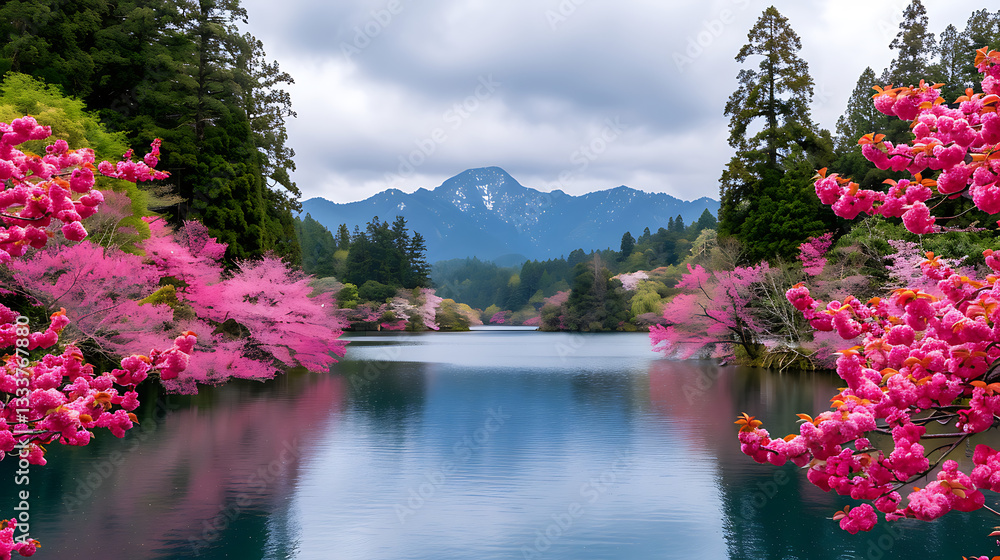 Serene Lake Framed by Spring Blossoms and Mountains