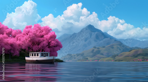 Serene Lake House with Pink Blossoms and Mountains
