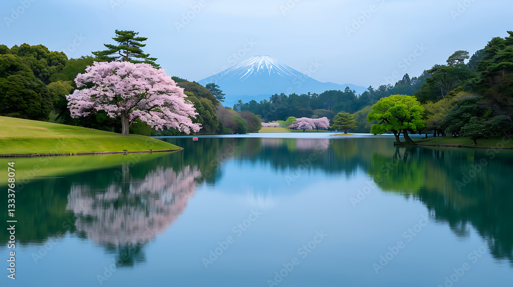 Serene Lake Reflecting Mount Fuji and Cherry Blossoms