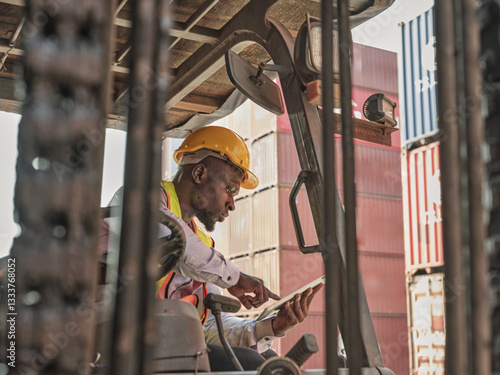 A construction worker in a hard hat and uniform carefully loading cargo containers onto a forklift in a bustling warehouse facility.