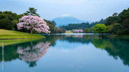 Obraz na płótnie Serene Lake Reflecting Mount Fuji and Cherry Blossoms w salonie