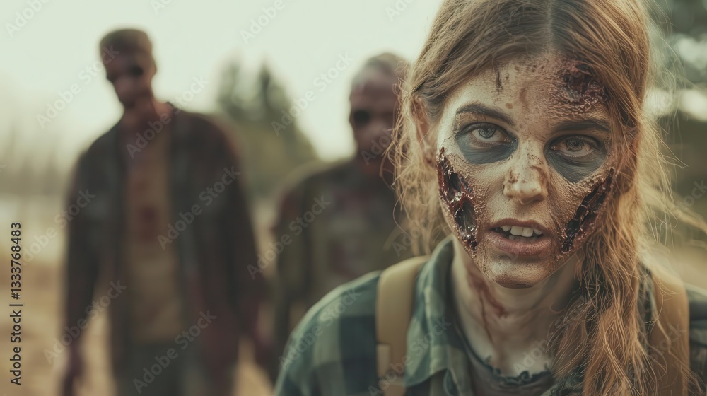 Behindthescenes of zombie makeup and costume fitting, green screen set in background Behindthescenes of zombie makeup and costume fitting, green screen set in background