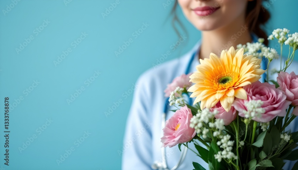 Female doctor in a hospital holding a bouquet of flowers, celebrating National Nurses Day in a healthcare setting Female doctor in a hospital holding a bouquet of flowers, celebrating National Nurses Day in a healthcare setting