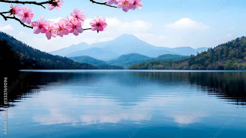 Serene Lake, Mountains, and Cherry Blossoms