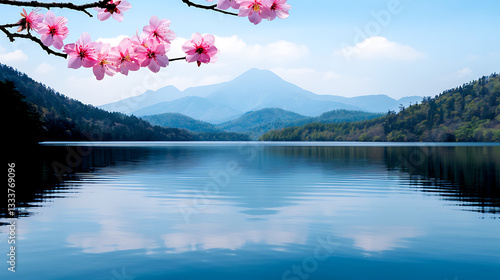 Obraz na płótnie Serene Lake, Mountains, and Cherry Blossoms w salonie