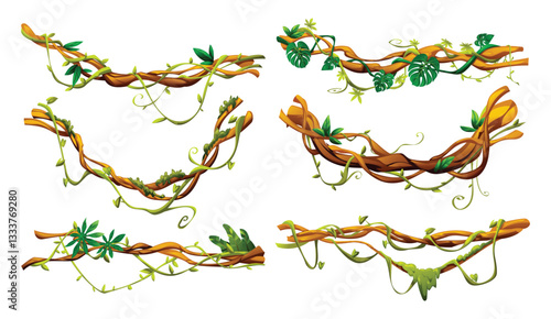 Set of jungle liana vine designs with leaves and natural elements. Perfect for nature themed designs. Vector cartoon illustration