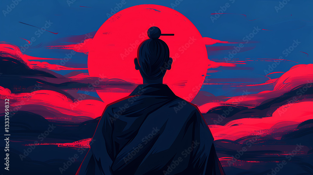 Serene Monk Contemplates Crimson Sunset