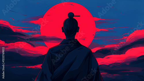 Obraz na płótnie Serene Monk Contemplates Crimson Sunset w salonie