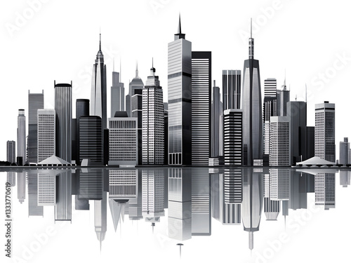 A sleek, monochrome city skyline with skyscrapers and urban landmarks in sharp black-and-white contrast. The design is detailed yet minimalist, set on a  transparent background