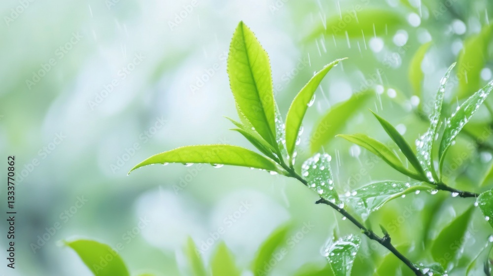Delicate tea leaf amidst spring raindrops, embodying serenity and renewal. Delicate tea leaf amidst spring raindrops, embodying serenity and renewal.