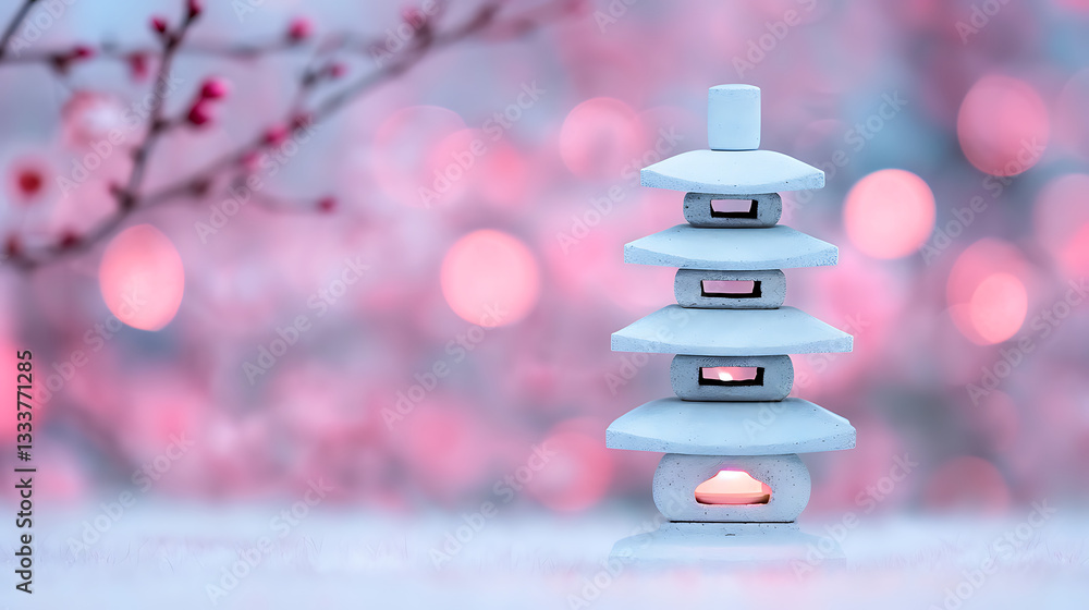 Serene Pagoda Lantern in Blooming Pink Garden