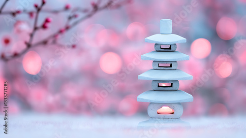 Obraz na płótnie Serene Pagoda Lantern in Blooming Pink Garden w salonie