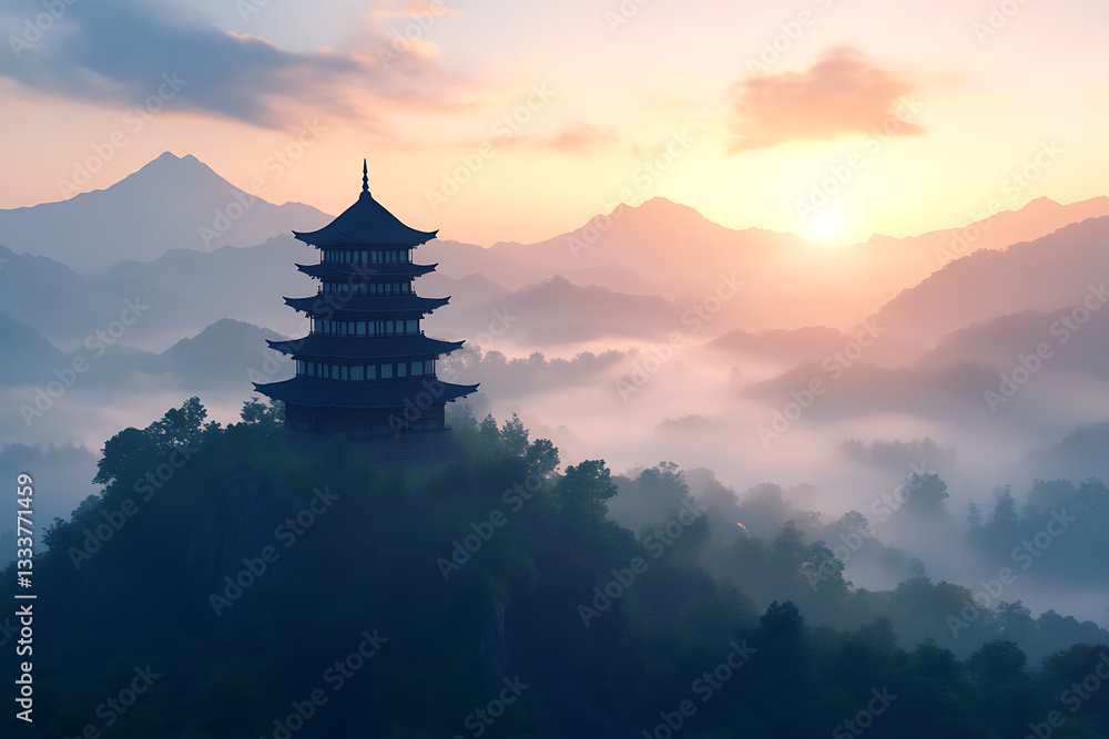 Serene Pagoda Sunrise Over Misty Mountains