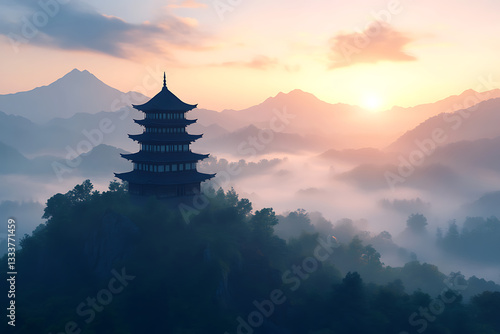 Obraz na płótnie Serene Pagoda Sunrise Over Misty Mountains w salonie