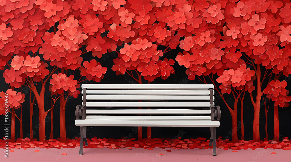 Serene Park Bench Amidst Red Blossoms