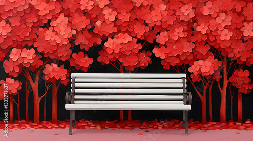 Serene Park Bench Amidst Red Blossoms