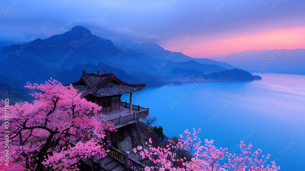 Serene Pavilion Lake Mountains Cherry Blossoms