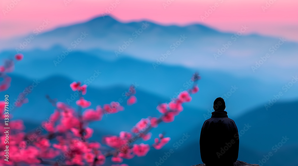 Serene Person Contemplating Mountain Vista and Blossoms