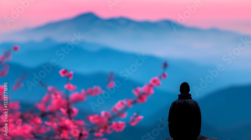 Obraz na płótnie Serene Person Contemplating Mountain Vista and Blossoms w salonie