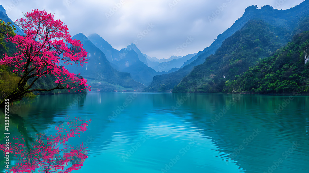 Serene Pink Blossom Lake Mountain View (1)