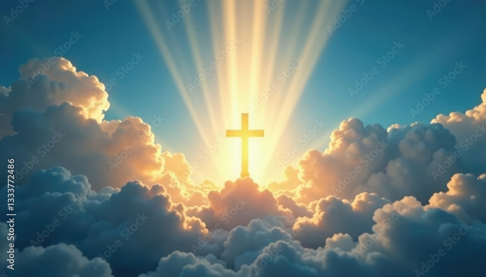 Cross with rays of light extending from it to the surrounding clouds, cloudy, serene Cross with rays of light extending from it to the surrounding clouds, cloudy, serene